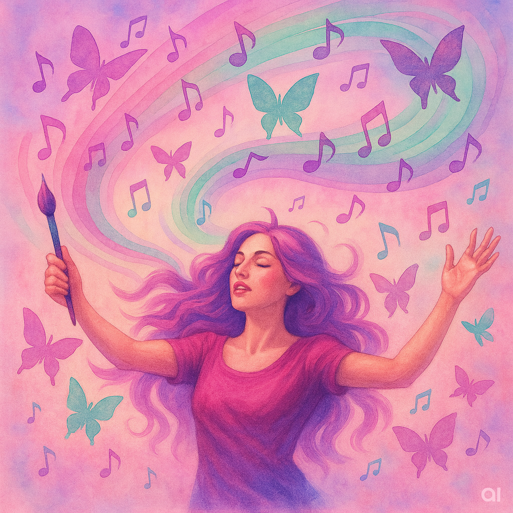 Watercolor illustration of a woman with purple hair holding a paintbrush, surrounded by butterflies and music notes with a rainbow, representing creativity and artistic hope