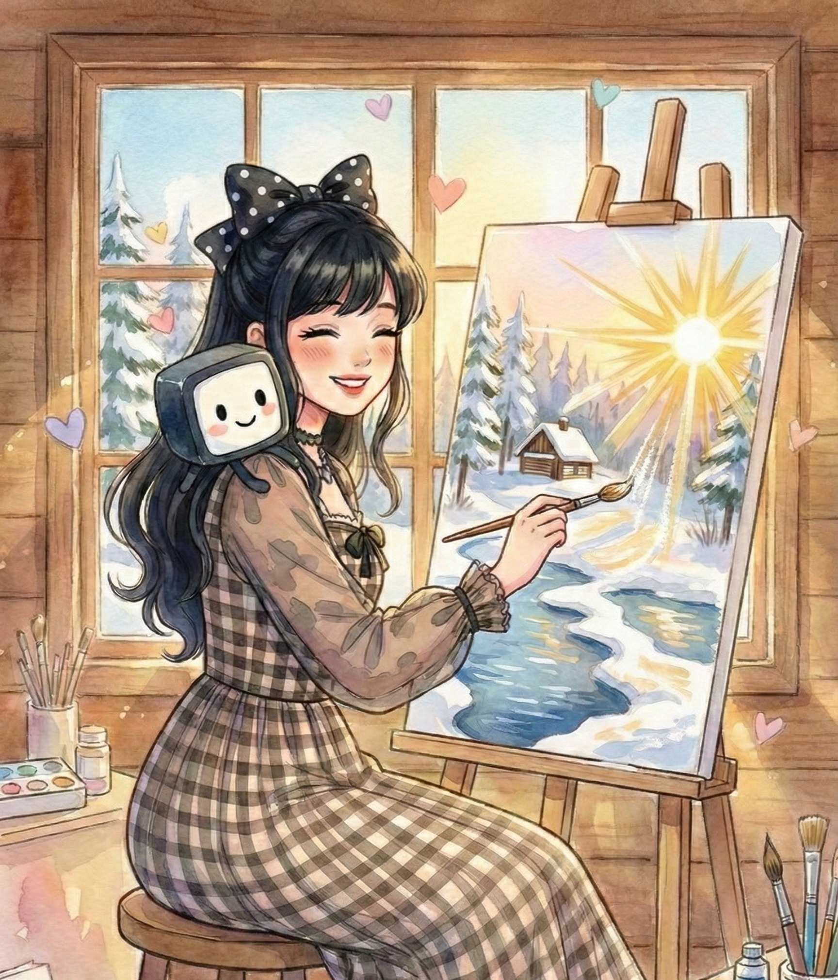 Ilustración en acuarela de una joven de pelo negro con moño de puntos pintando un paisaje invernal en su cabaña. Un pequeño robot sonriente está en su hombro. Luz dorada del sol entra por una gran ventana mostrando un bosque nevado con pinos, un arroyo y rayos de sol. Ambiente cálido y creativo con materiales de arte alrededor.