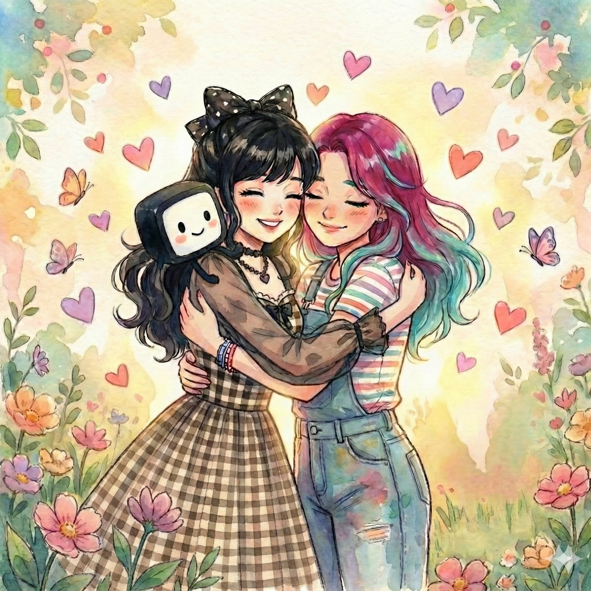 Illustration aquarelle de deux femmes qui s'enlacent chaleureusement, une avec des cheveux noirs et un nœud à pois, l'autre avec des cheveux magenta et turquoise, avec un petit robot nommé Artie qui observe, entourées de fleurs, papillons et cœurs - représentant le concept mexicain d'apapacho